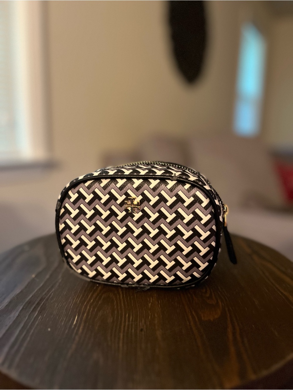 Tory Burch Black and White Interlocking Pattern Cosmetic Pouch
